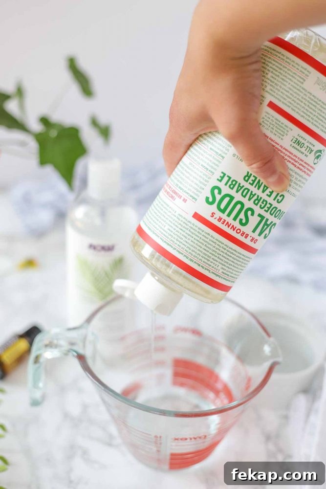 DIY Natural Dish Soap Recipe That Cuts Grease 6 adding sals suds to a measuring cup with water