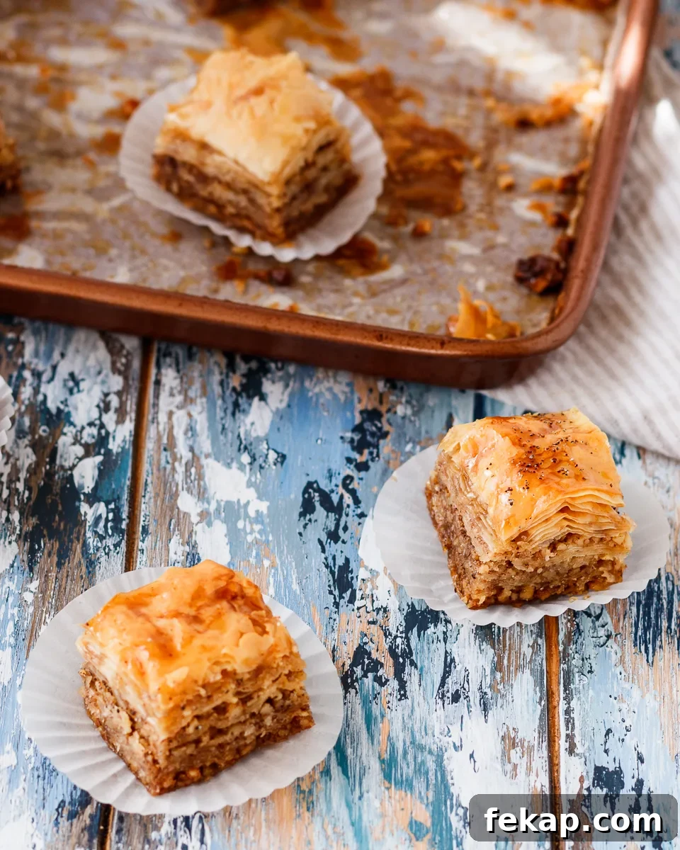 Family Baklava Recipe with Flaky Phyllo and Nuts 7 golden homemade baklava with honey syrup