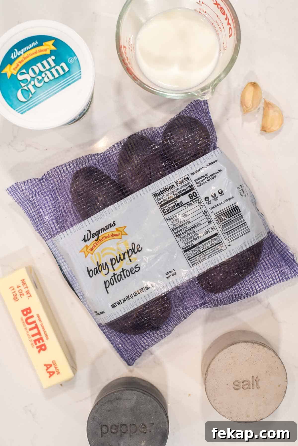 overhead shot of ingredients for purple mashed potatoes