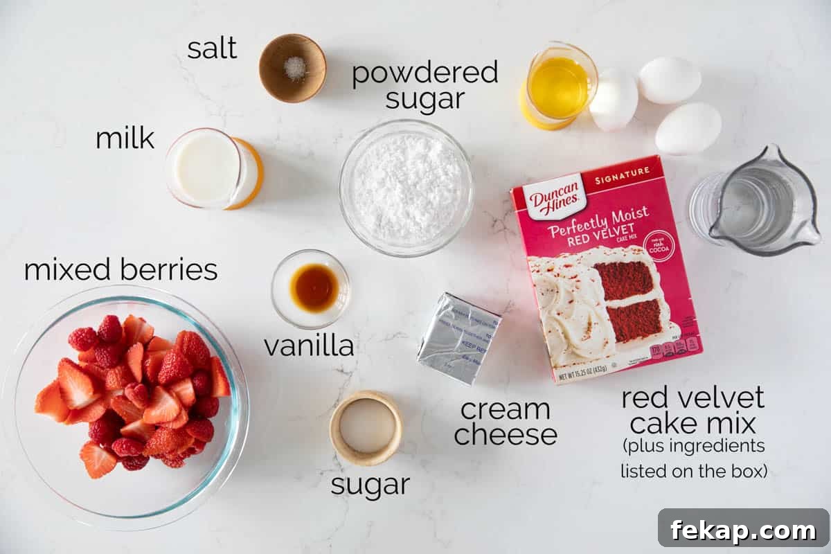 Ingredients for Red Velvet Waffles Ingredients needed to make red velvet waffles with cream cheese drizzle.