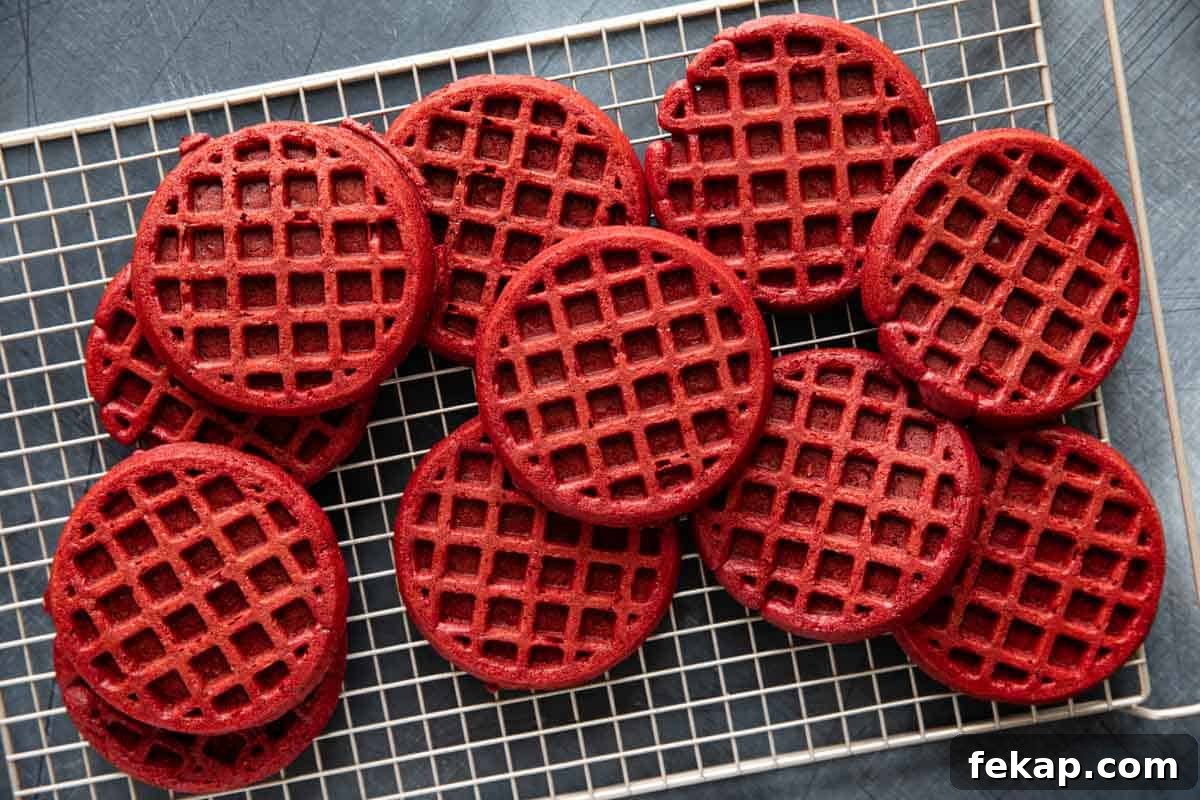 Stack of Red Velvet Waffles Red velvet waffles stacked on a cooling rack.
