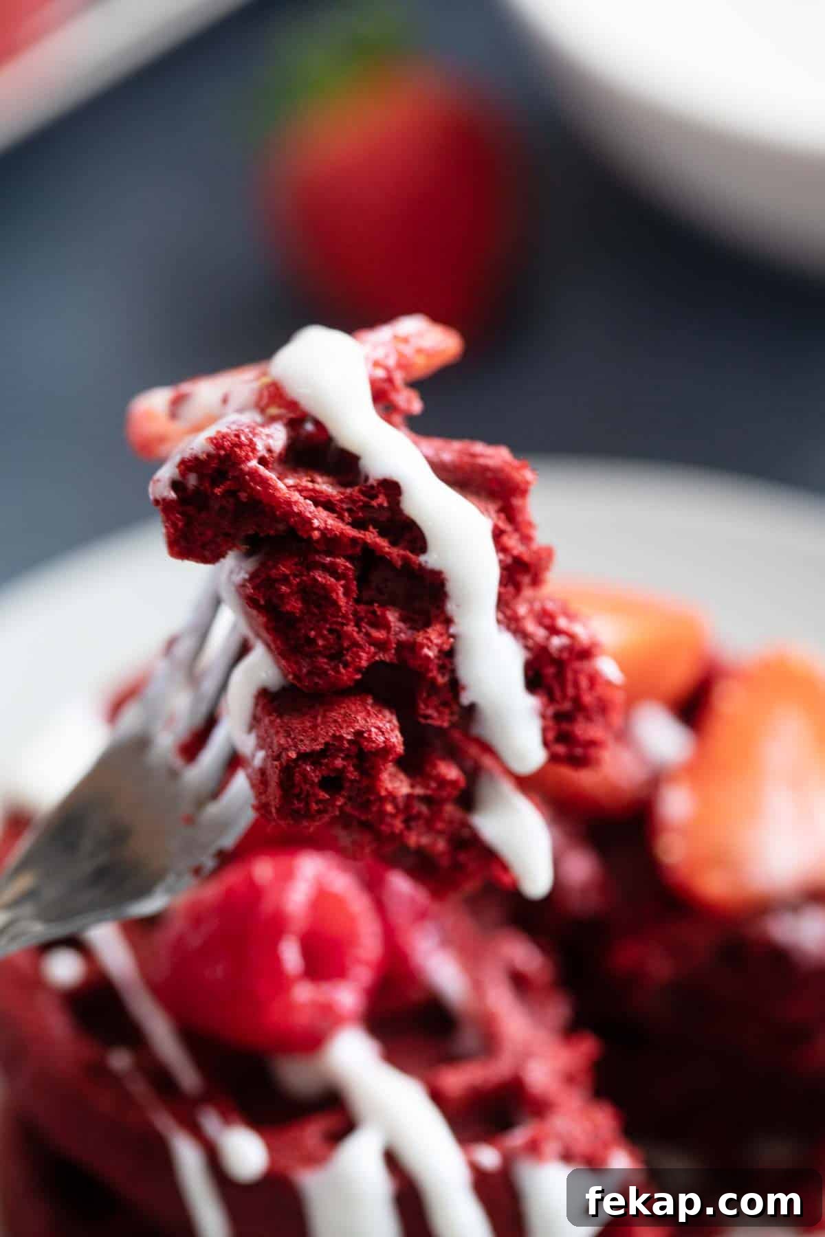 Enjoying Red Velvet Waffles Fork full of red velvet waffles.