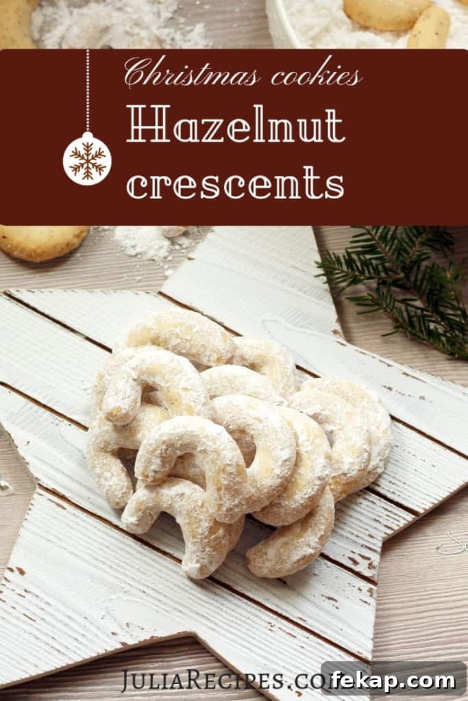 Vanilla Hazelnut Crescent Cookies 7 pinterest graphic with hazelnut creascents