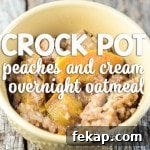 Overnight Peaches and Cream Oatmeal in the Crock Pot- This dish cooks for a full 8 hours without burning. It is a great overnight recipe and a perfect way to have a hot breakfast in the morning without the work. Leftovers keep well in the fridge, so be prepared for your family to fight over it all week long!