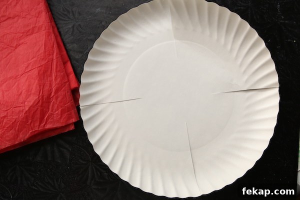 How to Make a Puffy Tissue Paper Poppy 6 paper plate 4 slits cut for poppy petals