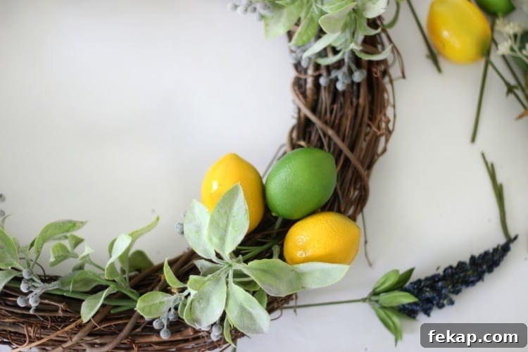 Bright pops of citrus, greenery and gingham combine for an adorable & easy citrus wreath to make this summer! citrus picks in wreath