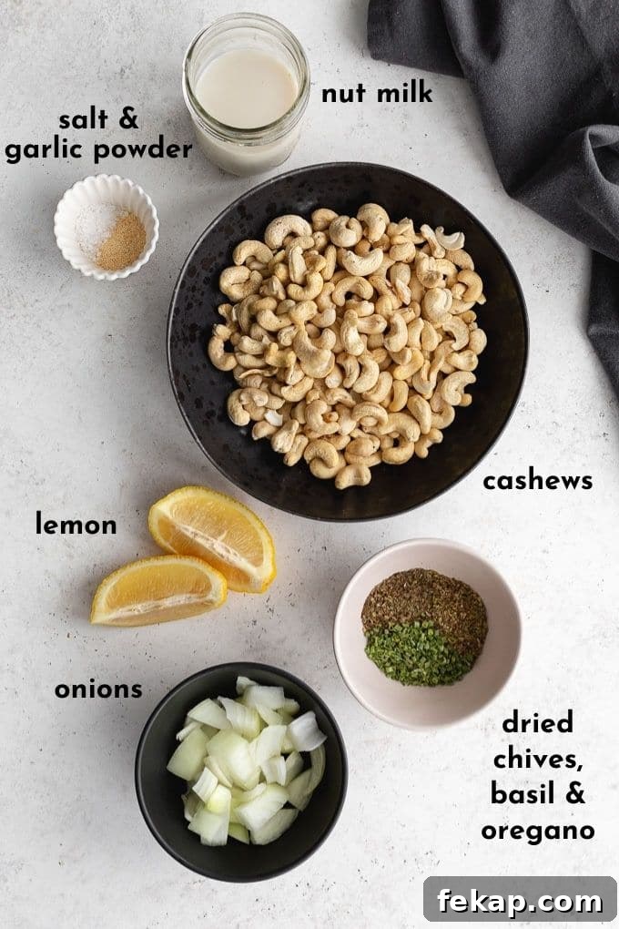 Creamy Vegan Herb Dip Recipe 3 Ingredients to make herbed cashew spread arranged individually and labelled.