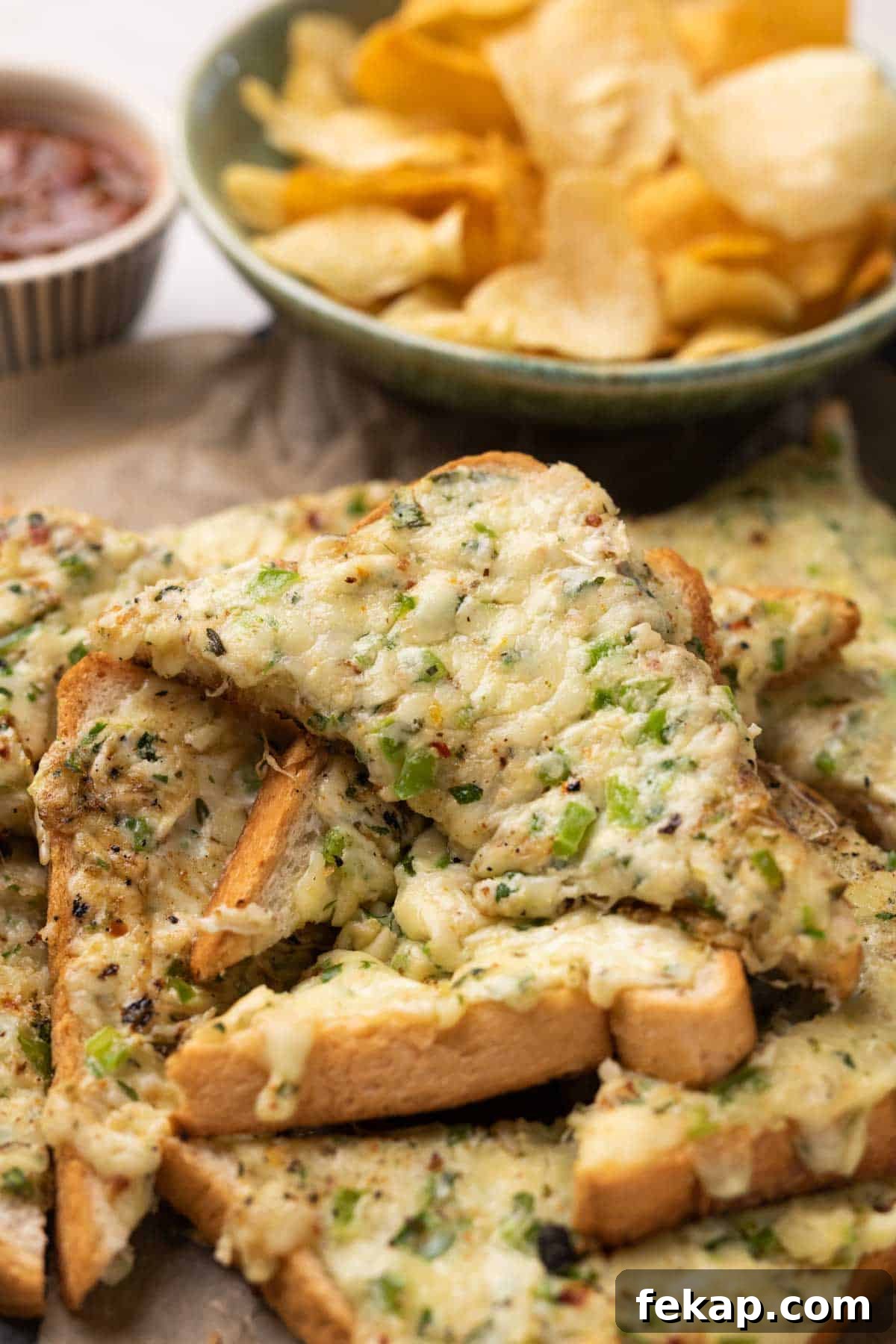 Chilli cheese garlic toasts straight from the pan on a platter