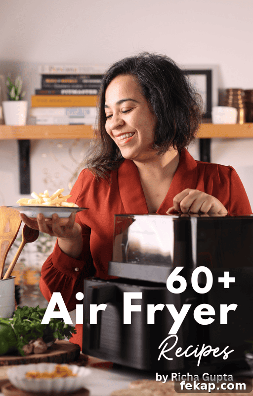 a smiling woman holding a plate of fries and standing next to an air fryer with text overlay