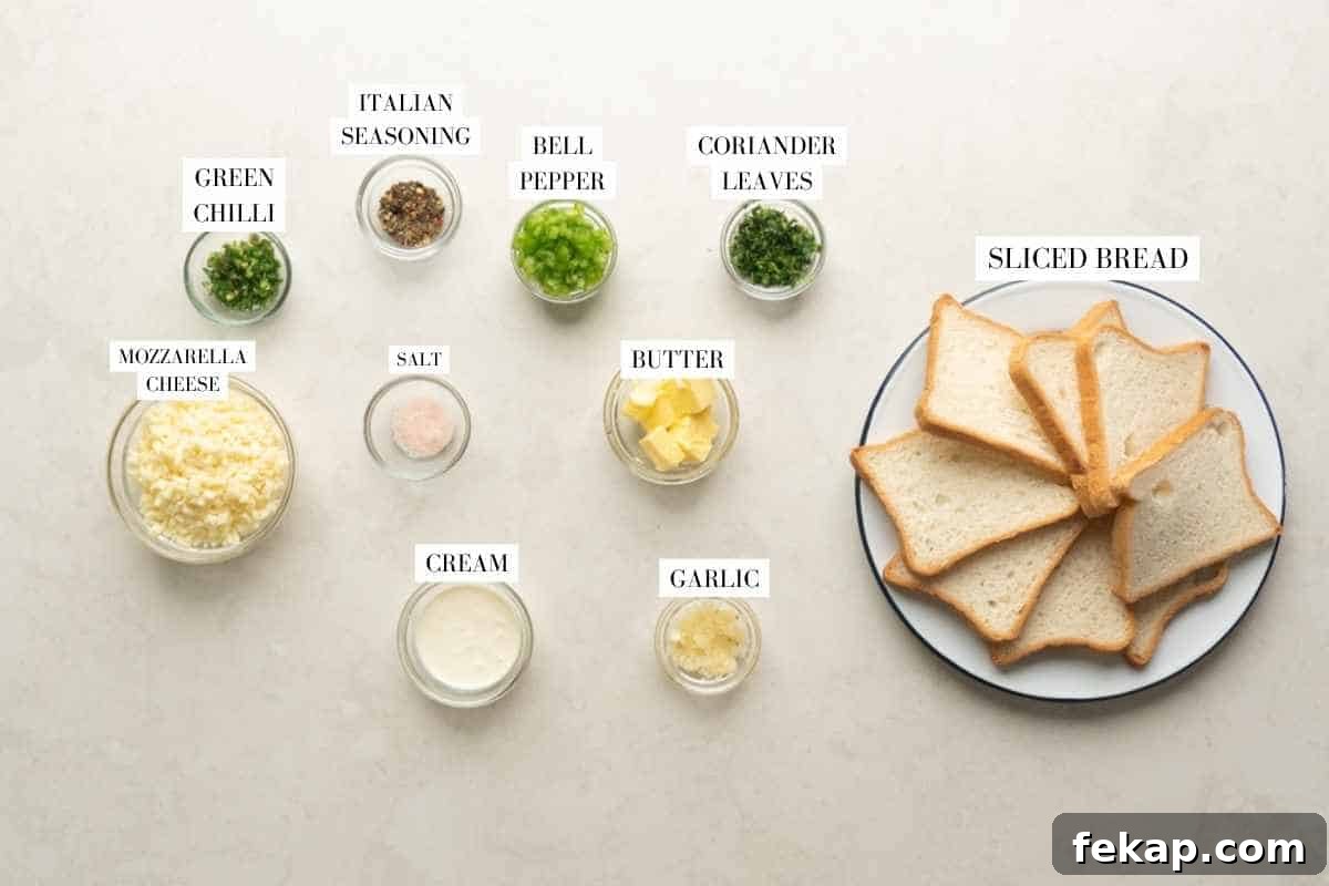 Picture of all the ingredients for Chilli Cheese Garlic Bread with text to identify them
