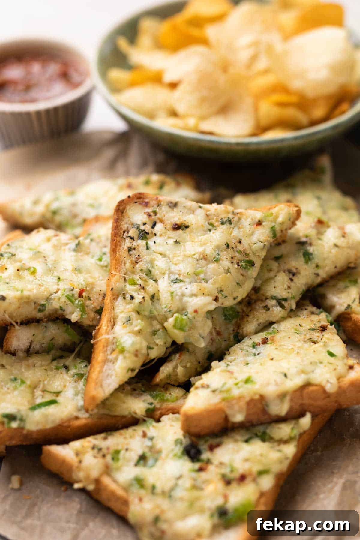 Chilli cheese garlic toasts straight from the pan on a platter
