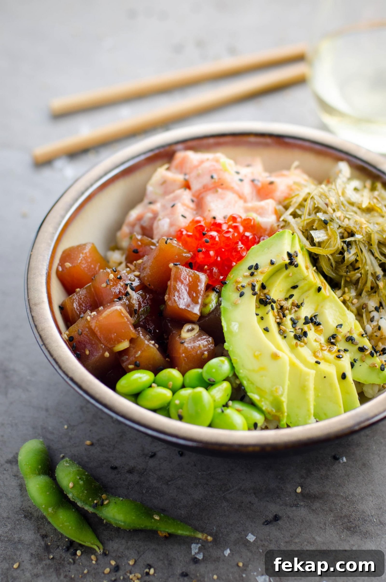 Ahi tuna and spicy salmon poke bowl