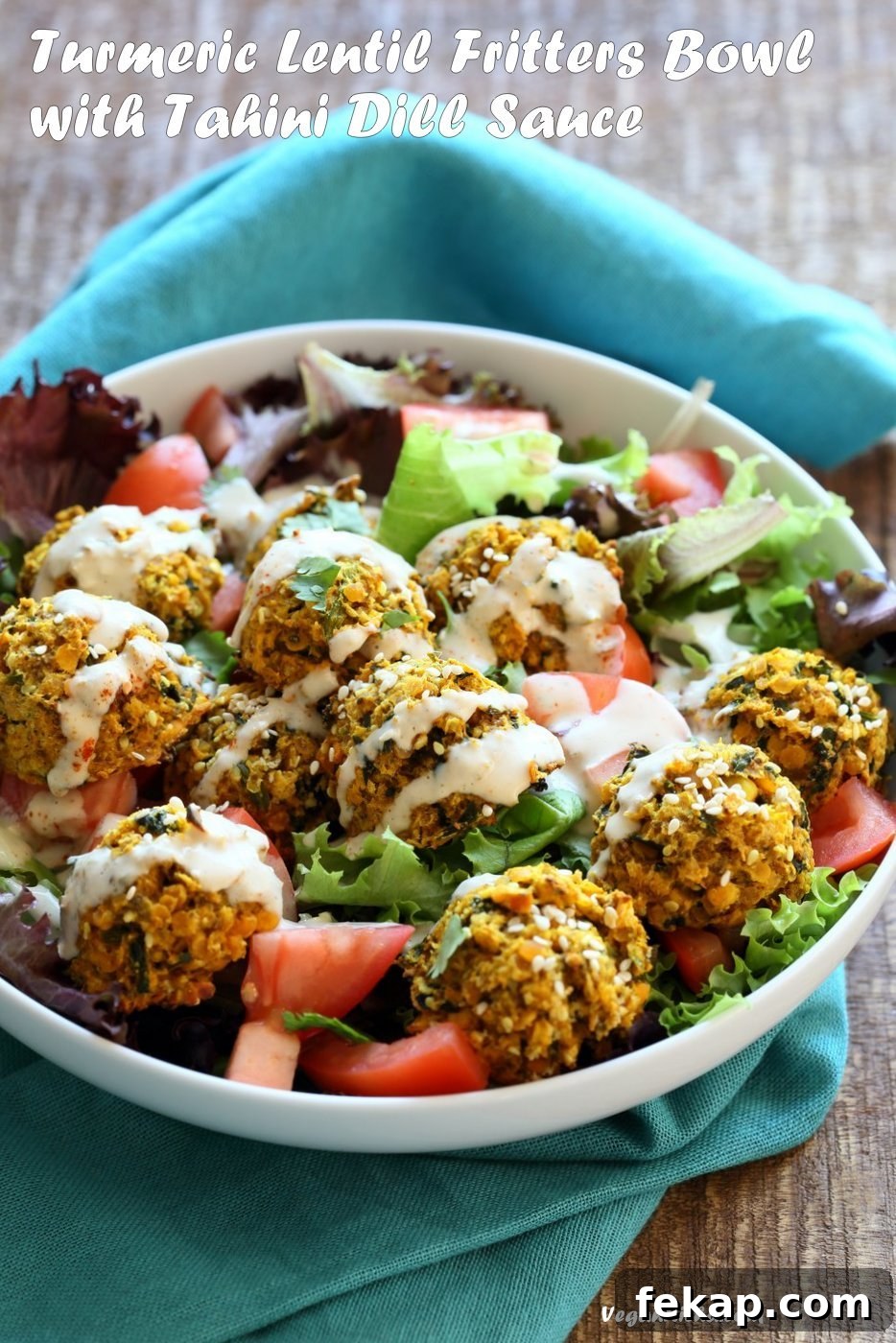 Turmeric lentil fritters with tomato and tahini dill