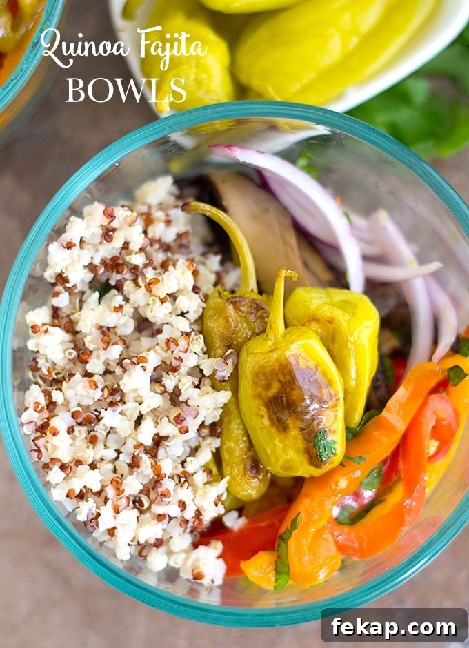 Quinoa fajita bowl with peppers and avocado