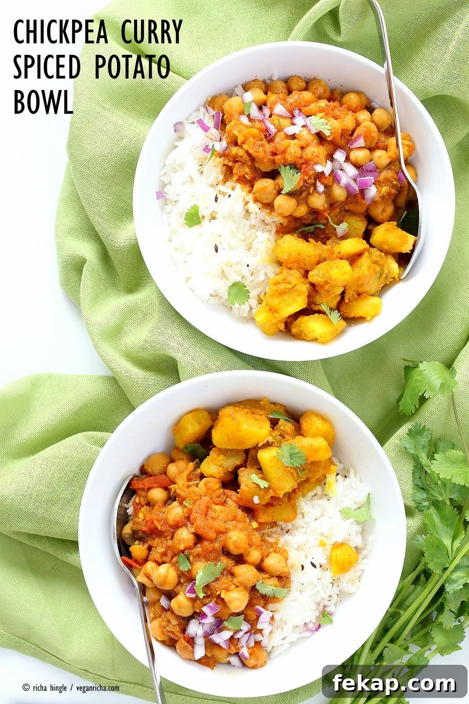 Chickpea curry bowl with potatoes and rice
