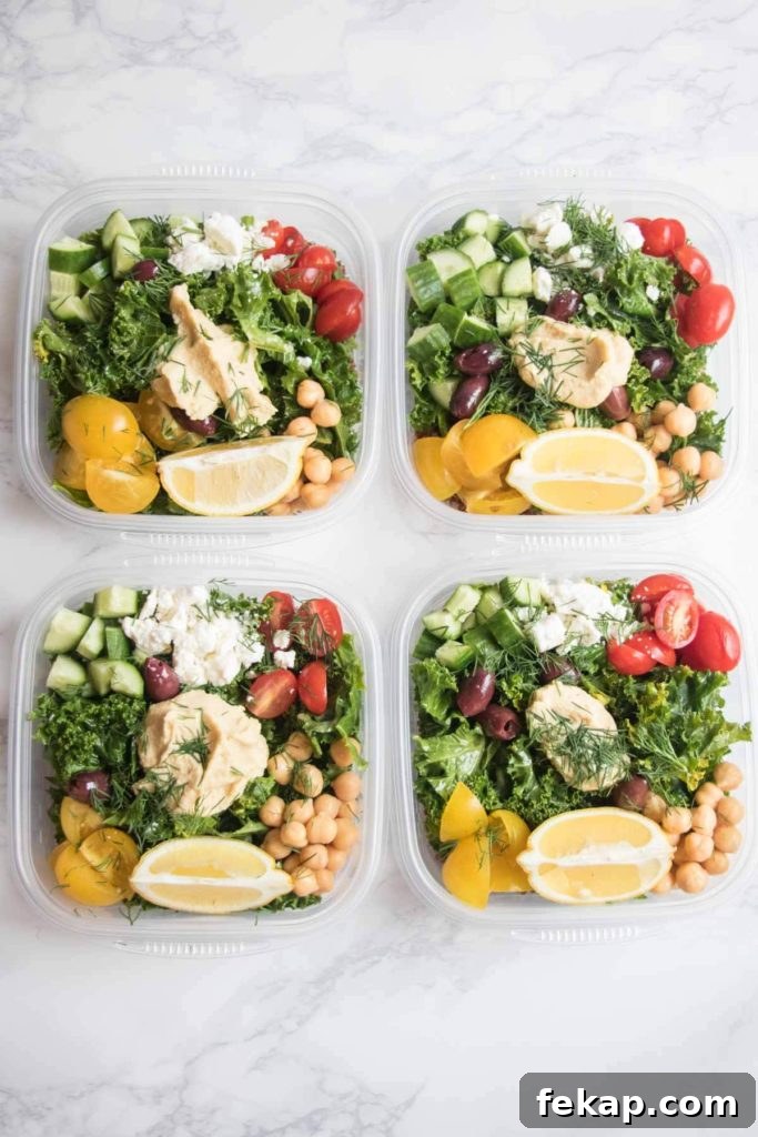 Greek kale quinoa salad in meal prep containers