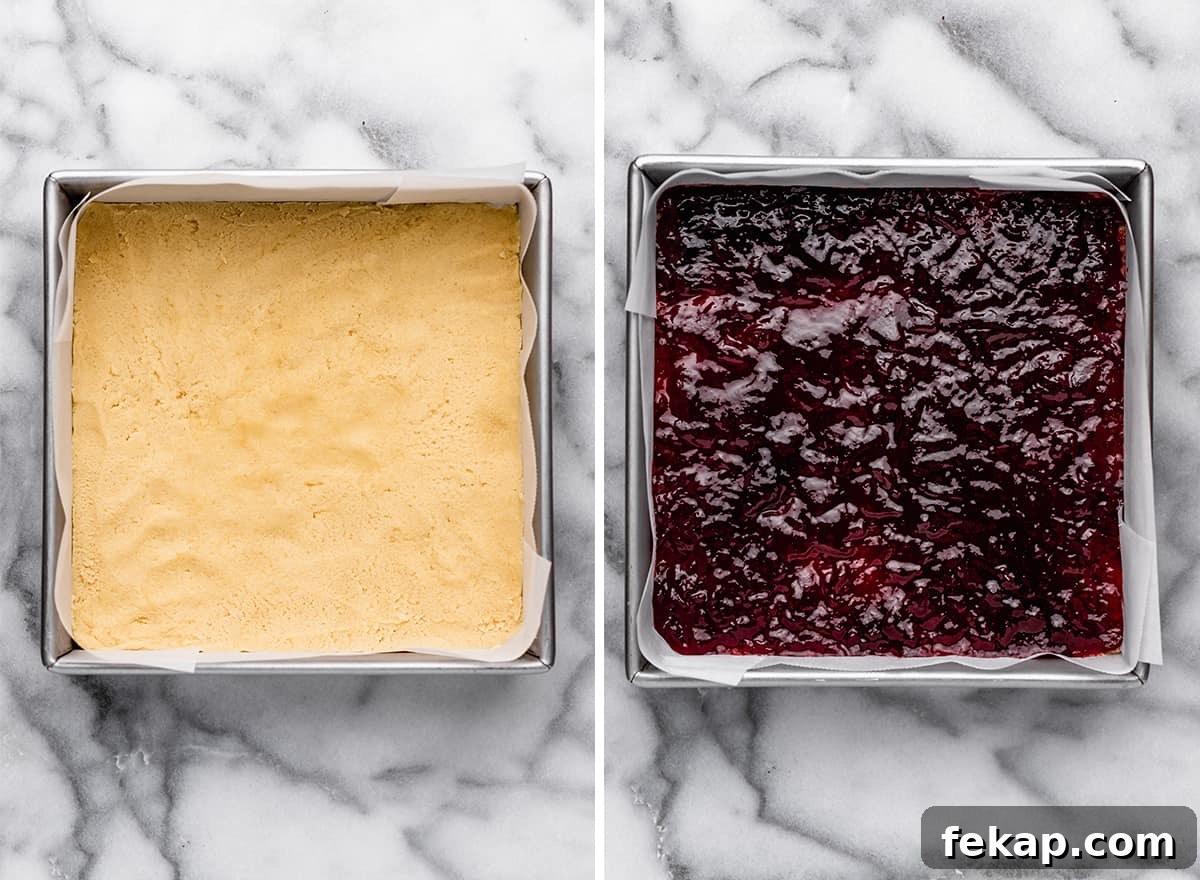 Homemade Raspberry Crumb Bars with Oat Streusel 9 two photos showing How to Make Raspberry Crumb Bars - bottom crust in the baking pan then jam spread over the top of it