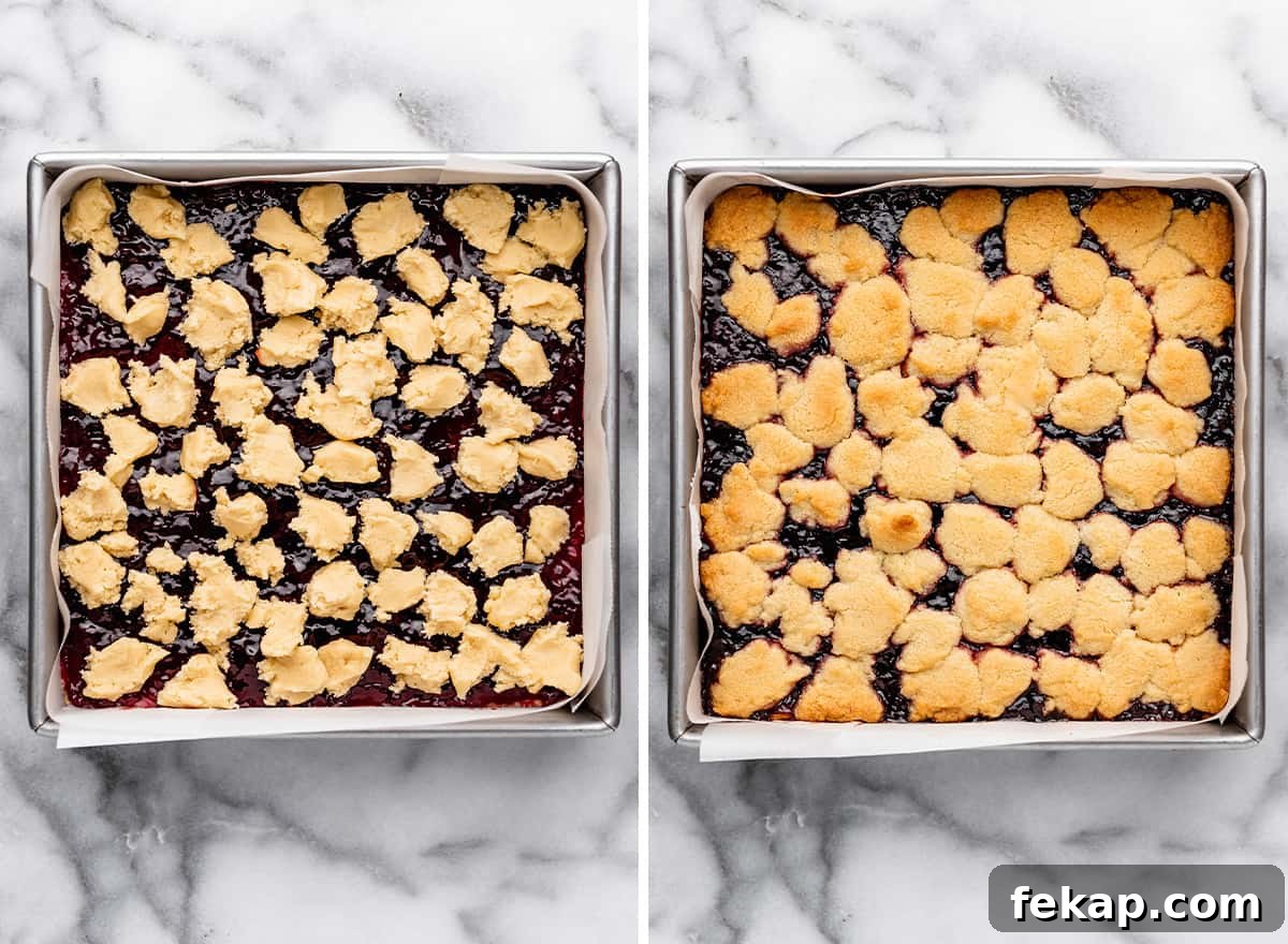 Homemade Raspberry Crumb Bars with Oat Streusel 10 two photos showing How to Make Raspberry Crumb Bars - bars in baking pan before and after baking