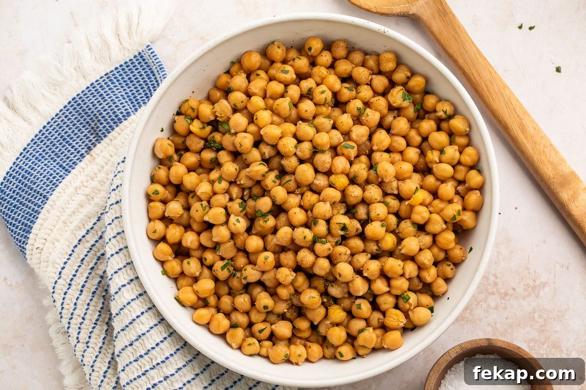 Instant Pot Chickpeas: No Soak Required 3 A large white bowl holding no-soak Instant Pot chickpeas.