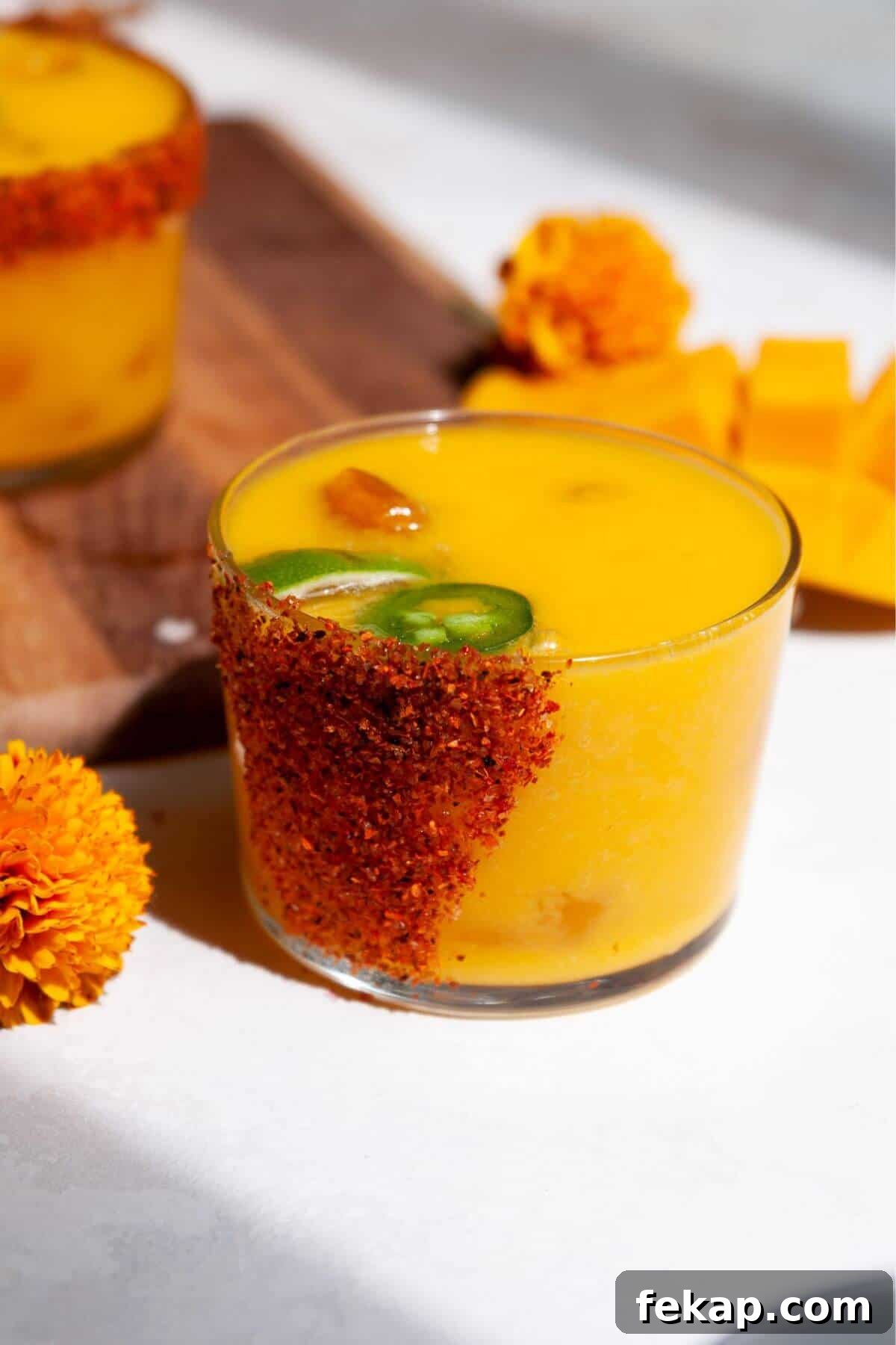 How to Make a Spicy Mango Margarita 2 Skinny spicy mango margarita in a tajin rimmed glass.