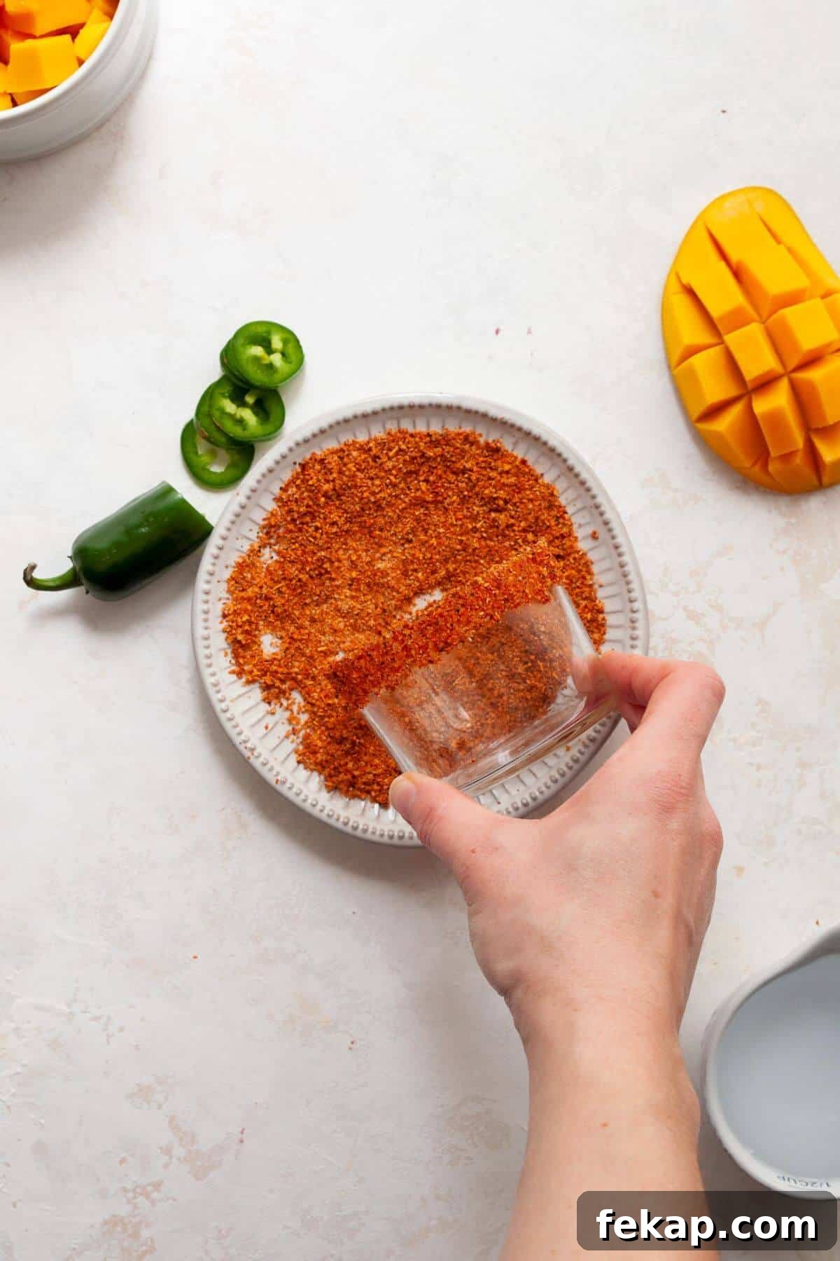 How to Make a Spicy Mango Margarita 4 Adding a Tajin rim to a cocktail glass.
