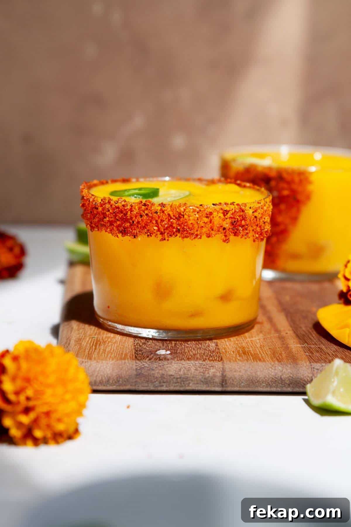 How to Make a Spicy Mango Margarita 9 Naturally sweetened spicy mango margarita with a Tajín rim.