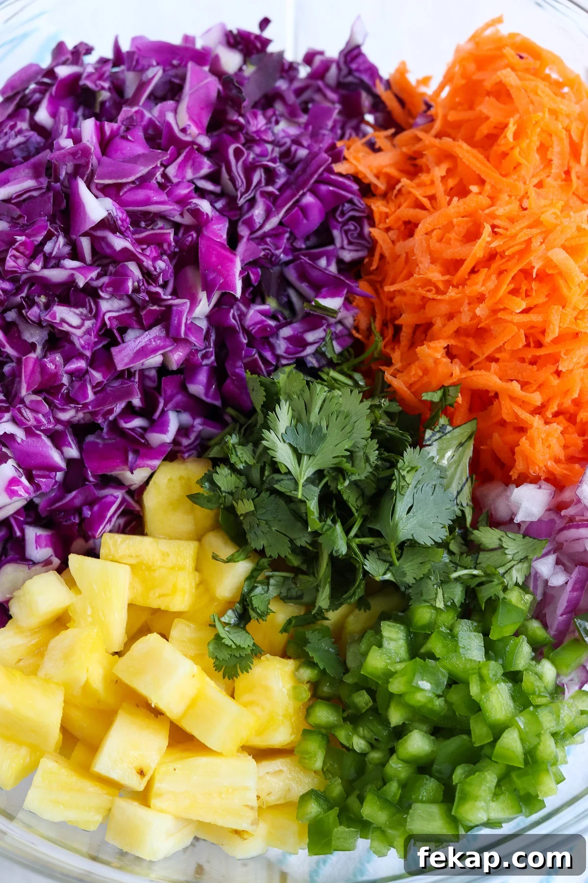 bowl of chopped red cabbage, shredded carrots, onion, jalapeno, pineapple and cilantro