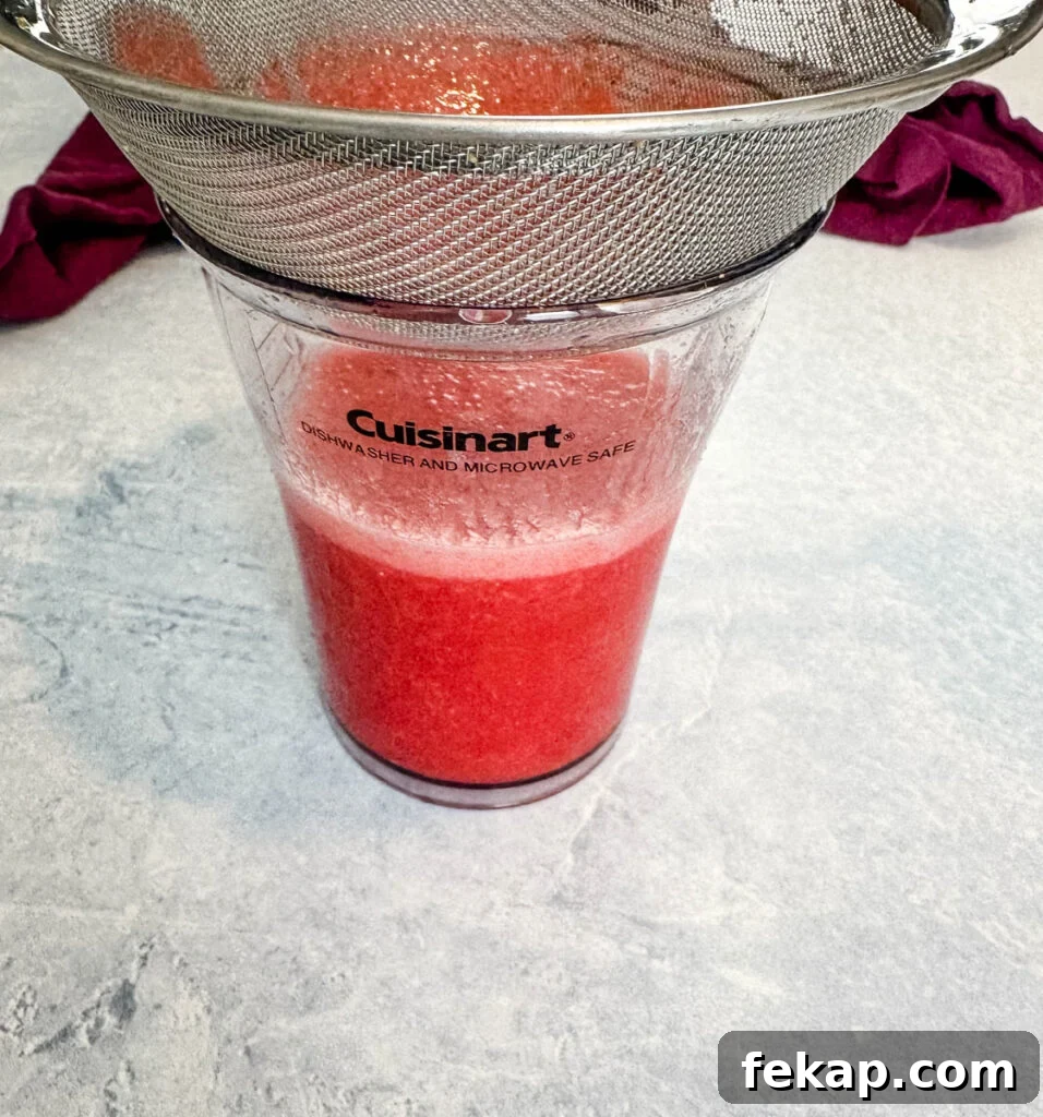 How to Make a Hennessy Margarita Cocktail 8 pureed strawberries in a strainer and cup