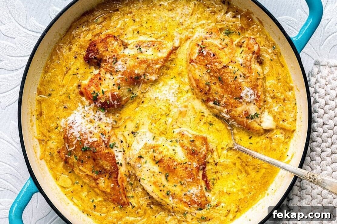 French onion chicken in a skillet.