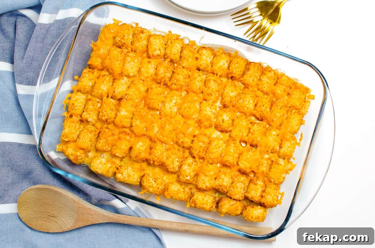 Tater Tot Casserole in glass 9x13 baking dish