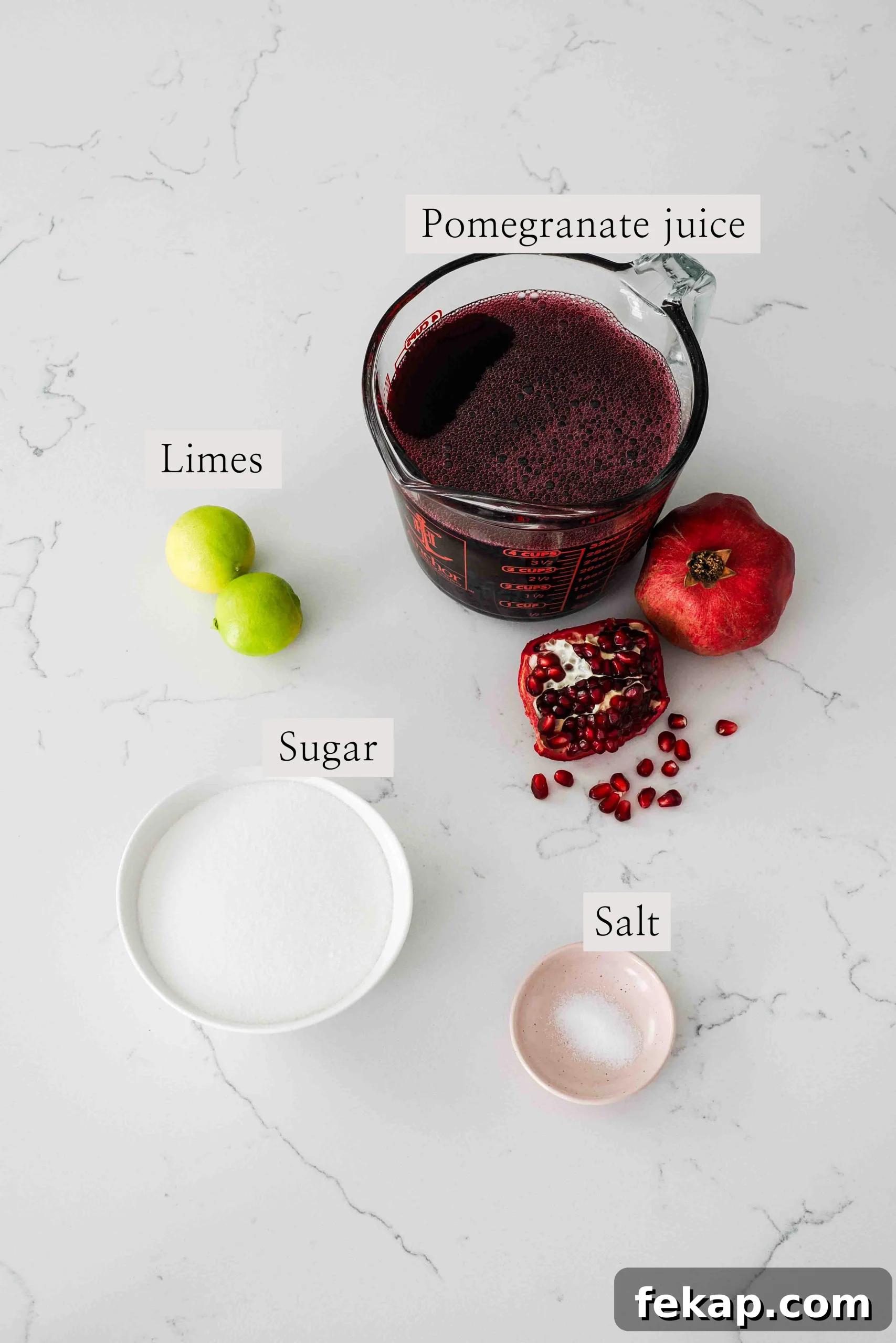 Homemade Pomegranate Sorbet Recipe 3 Ingredients for pomegranate sorbet on a kitchen counter.