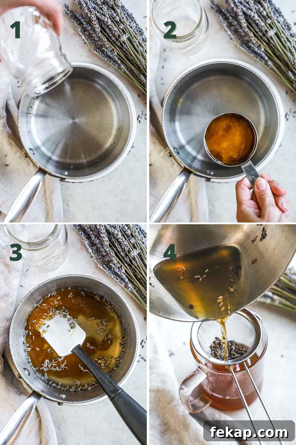 Honey Lavender Simple Syrup Recipe for Cocktails and Desserts 4 Steps to make honey lavender simple syrup, including warming water, honey, and lavender, infusing, then straining the lavender petals.