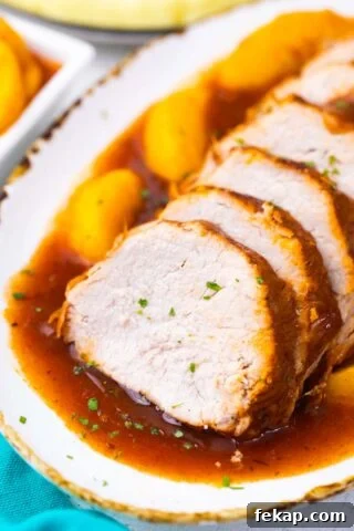 Slow cooker peach pork in sweet and savory peach glaze.
