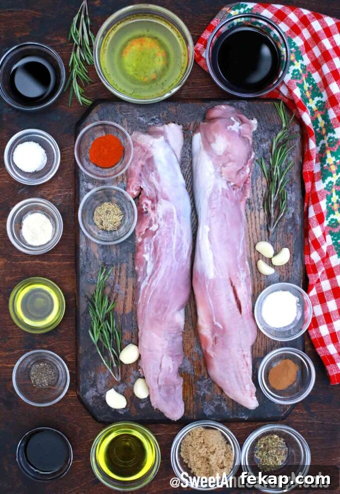 Overhead shot of crock pot pork tenderloin ingredients in bowls on a wooden surface.
