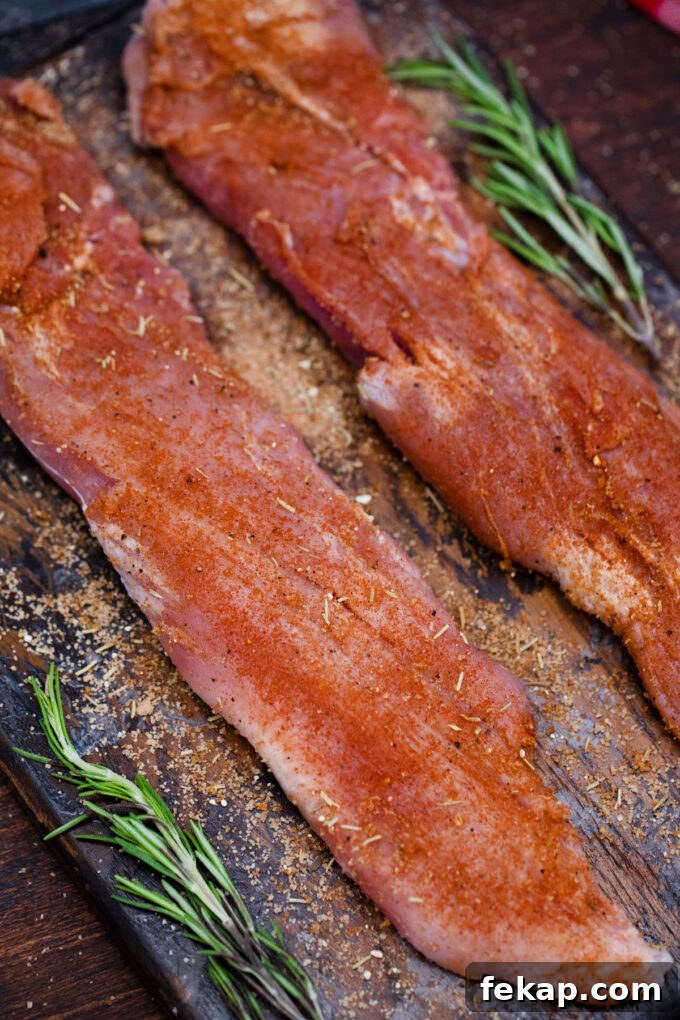 Rubbing pork tenderloins with seasoning.