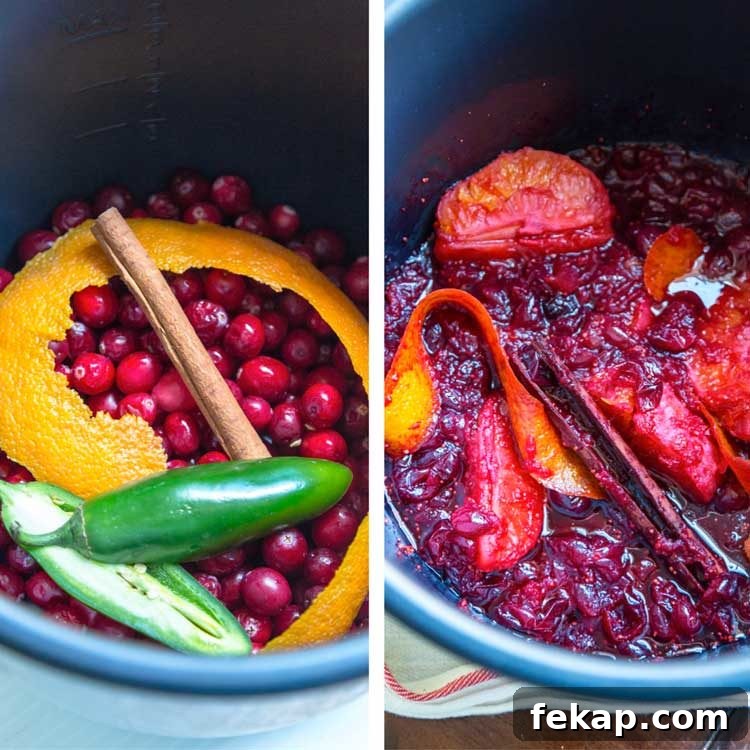 Cranberry butter made in a Crock Pot Express using cranberries, orange zest, cinnamon, brown sugar & chile for a perfect balance of sweet, tangy and spicy. making Sweet and Spicy Cranberry Butter