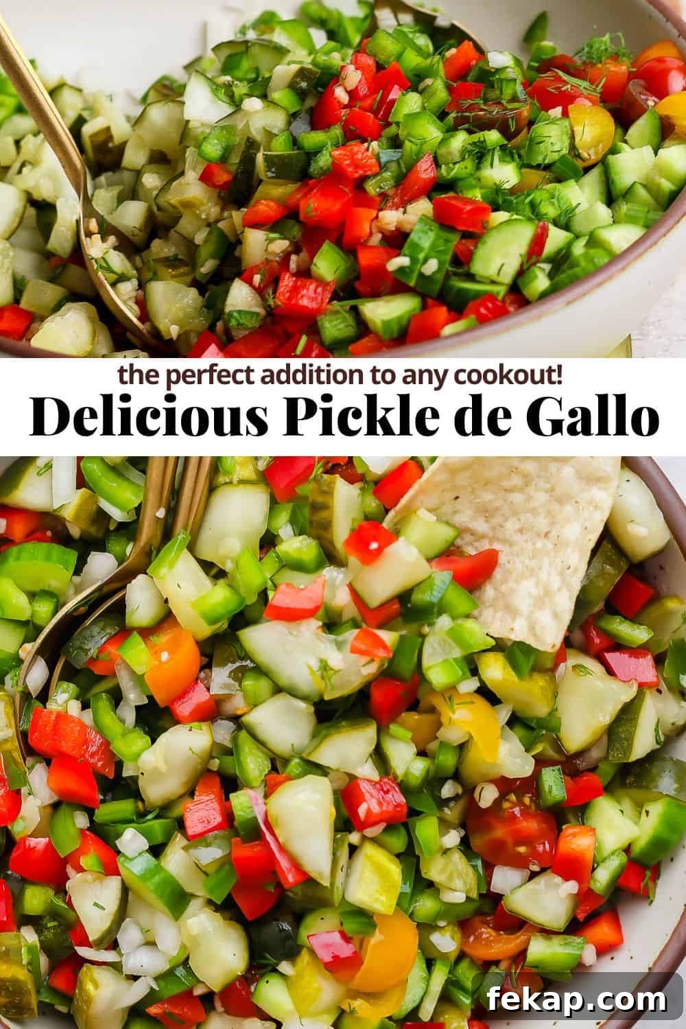 Pinterest image showing pickle de gallo with the title, "delicious pickle de gallo the perfect addition to any cookout."