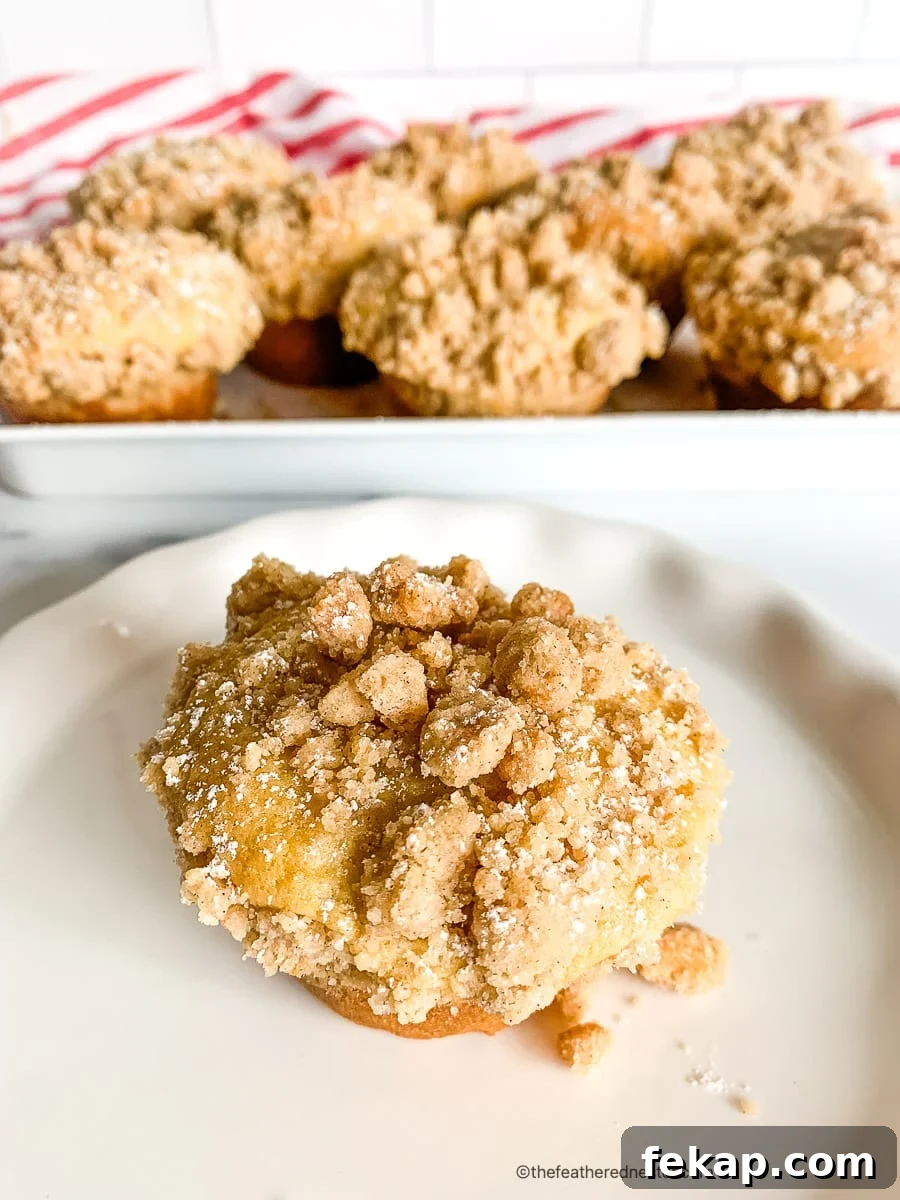 Coffee Cake Muffins with Cinnamon Streusel 3 Single serving coffee cakes on a serving tray, one on a small white plate in foreground.