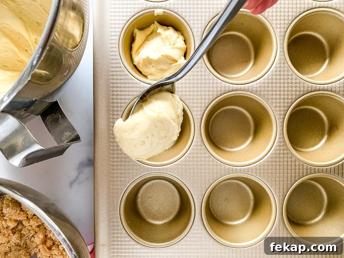 Coffee Cake Muffins with Cinnamon Streusel 6 Spooning batter into a baking pan for cinnamon muffin recipe.