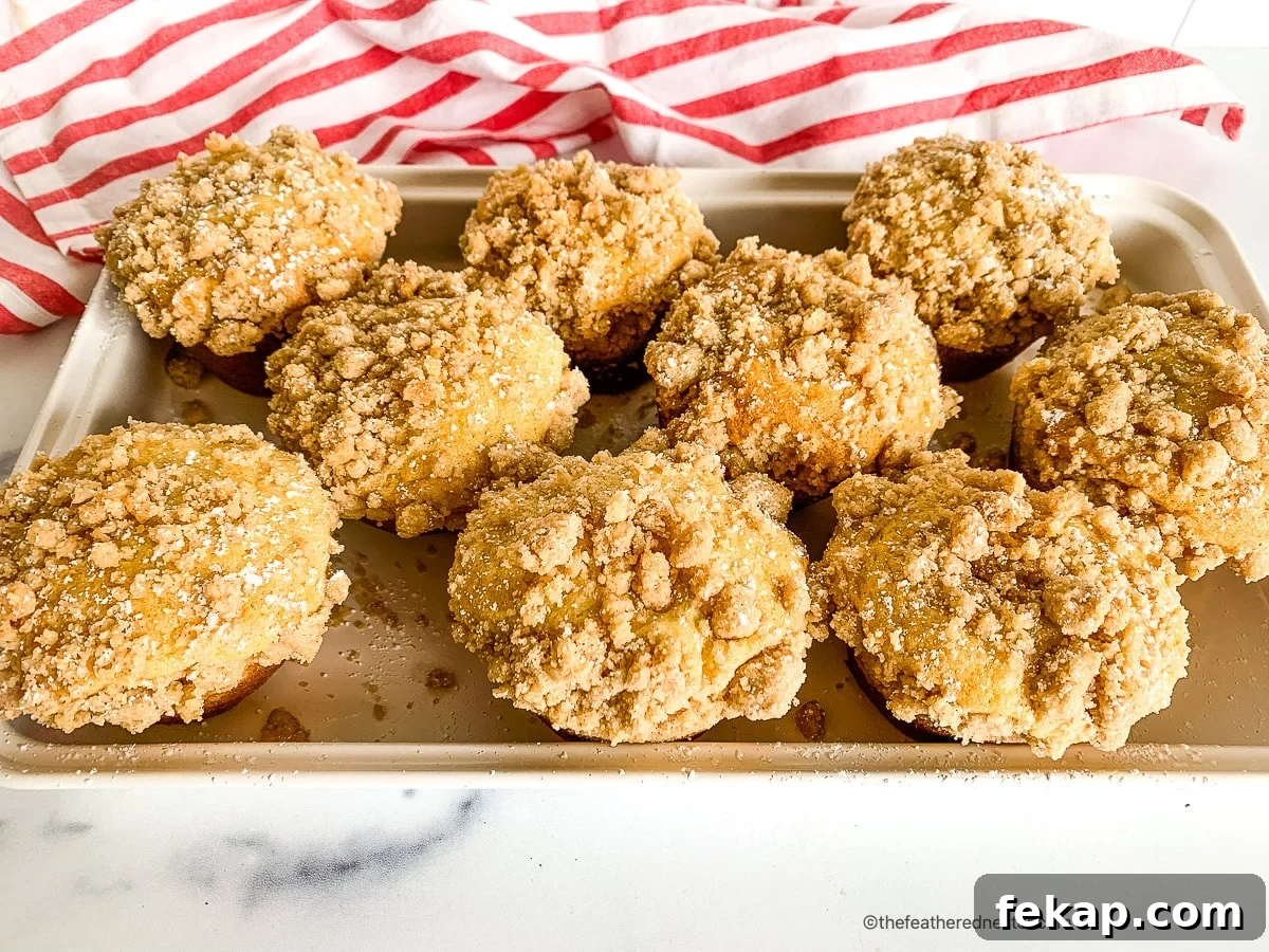 Coffee Cake Muffins with Cinnamon Streusel 9 Fresh cinnamon streusel muffins on a serving tray.