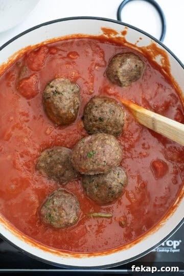 Crispy Italian Pan-Fried Meatballs Recipe 10 Meatballs added to tomato sauce.