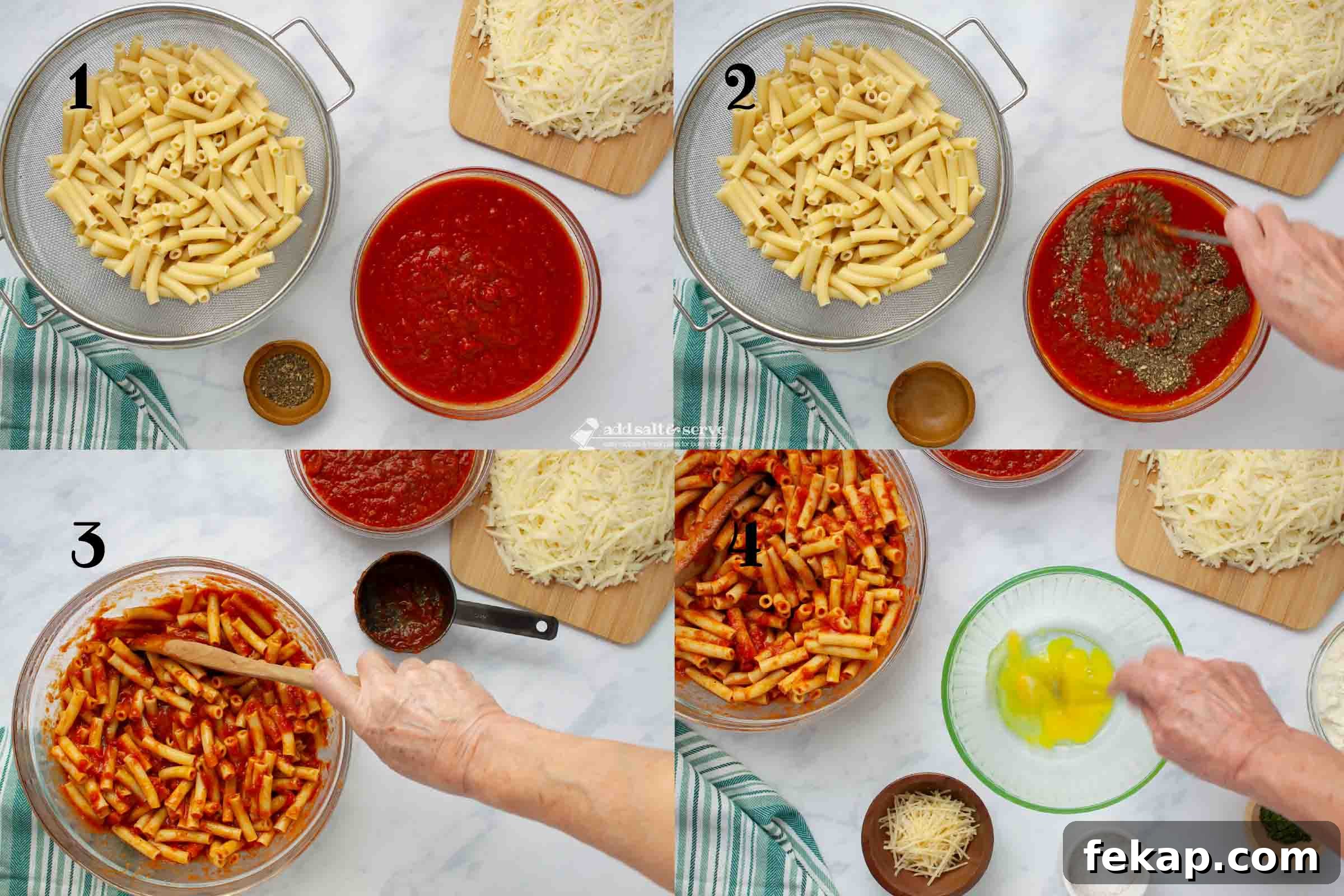 Composite image showing how to make baked ziti: 1 - cook the ziti, 2 - mix the Italian seasoning in with the marinara sauce, 3 - combine the cooked zitit and the seasoned marinara sauce, 4- beat the egg in a medium bowl.