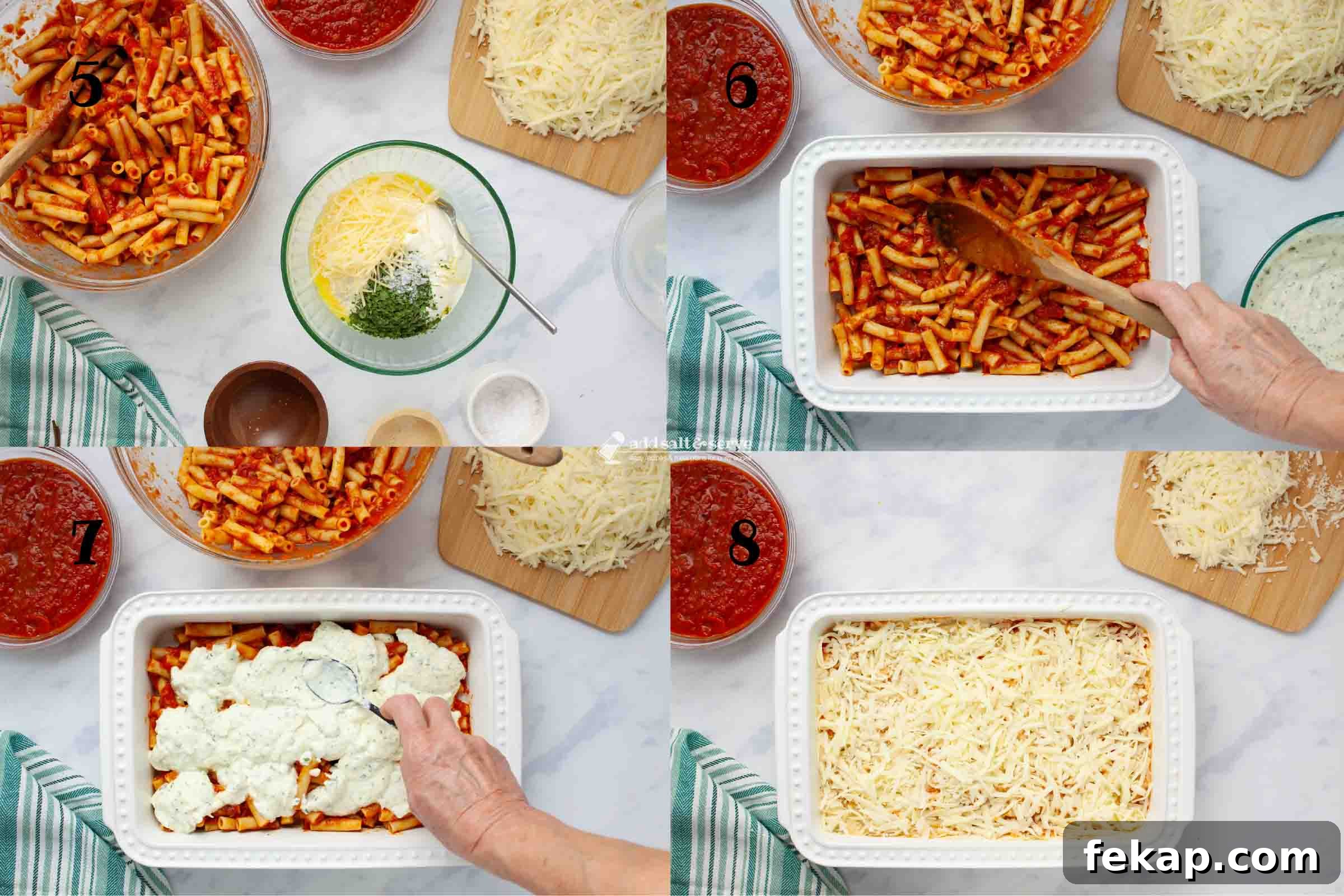 Composite image showing how to make baked ziti: 5 - combine the beaten egg, ricotta cheese, Parmesan cheese, parsley, and salt, 6 - spread half the ziti and marinara in the baking pan, 7 - spoon the egg mixture over the ziti and marinara, 8 - sprinkle mozzarella over the egg mixture.