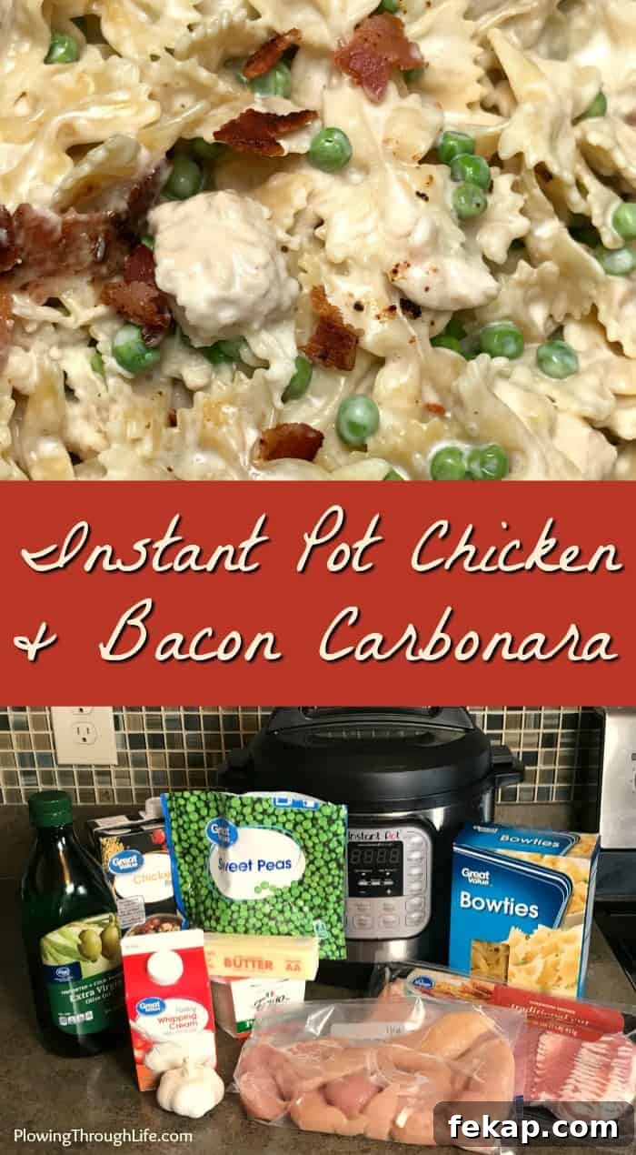 Creamy Instant Pot Chicken and Bacon Carbonara 6 Collage of ingredients for Instant Pot Chicken and Bacon Carbonara with chicken, pasta, bacon and peas