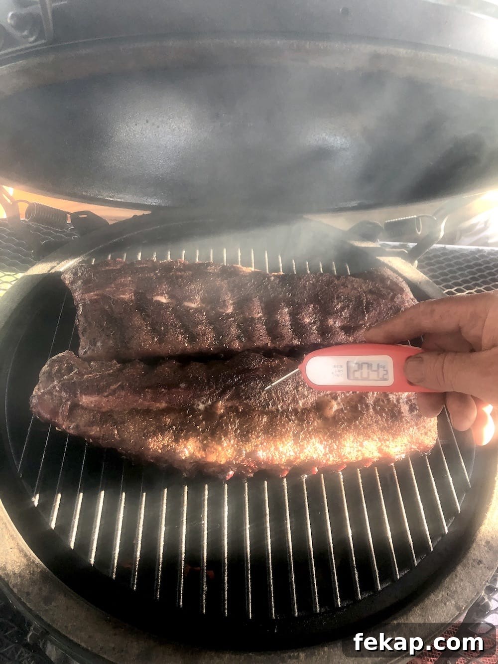 Checking the temperature of grilled ribs checking rib temperature with digital thermometer on the grill