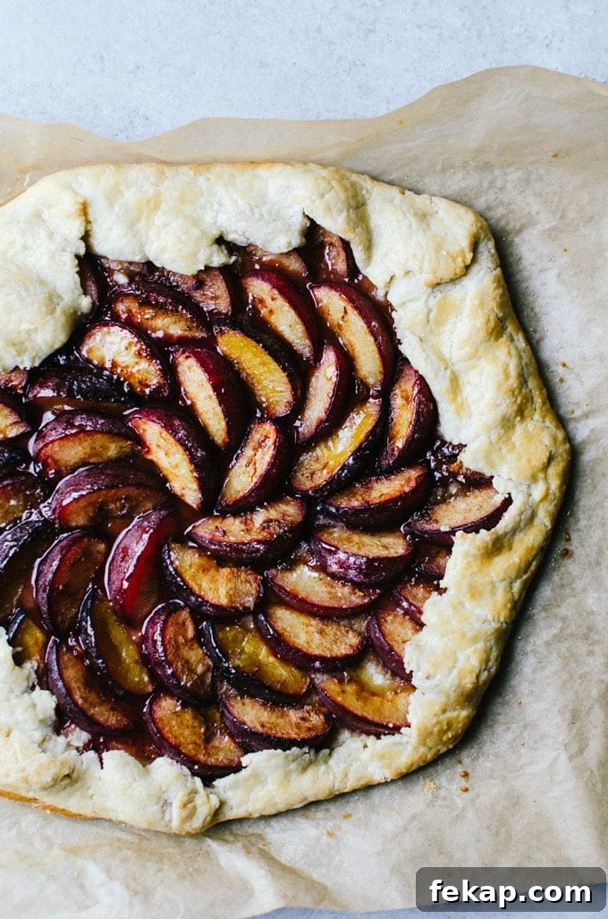 Plum Galette Recipe with Flaky Cinnamon Butter Crust 3 close up showing plums in galette