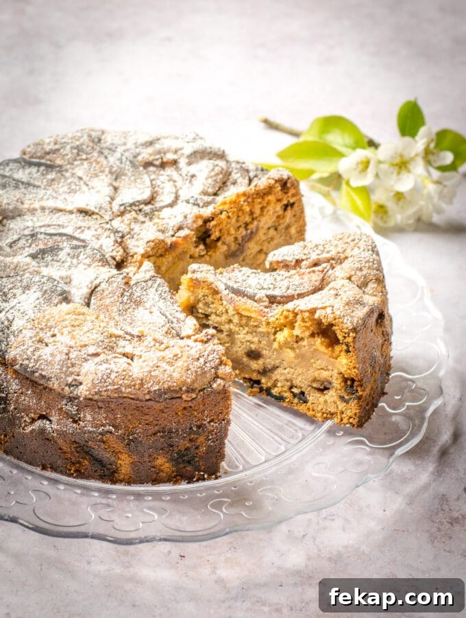 Oaty Vegan Apple Cake A slice cut out of easy vegan apple cake