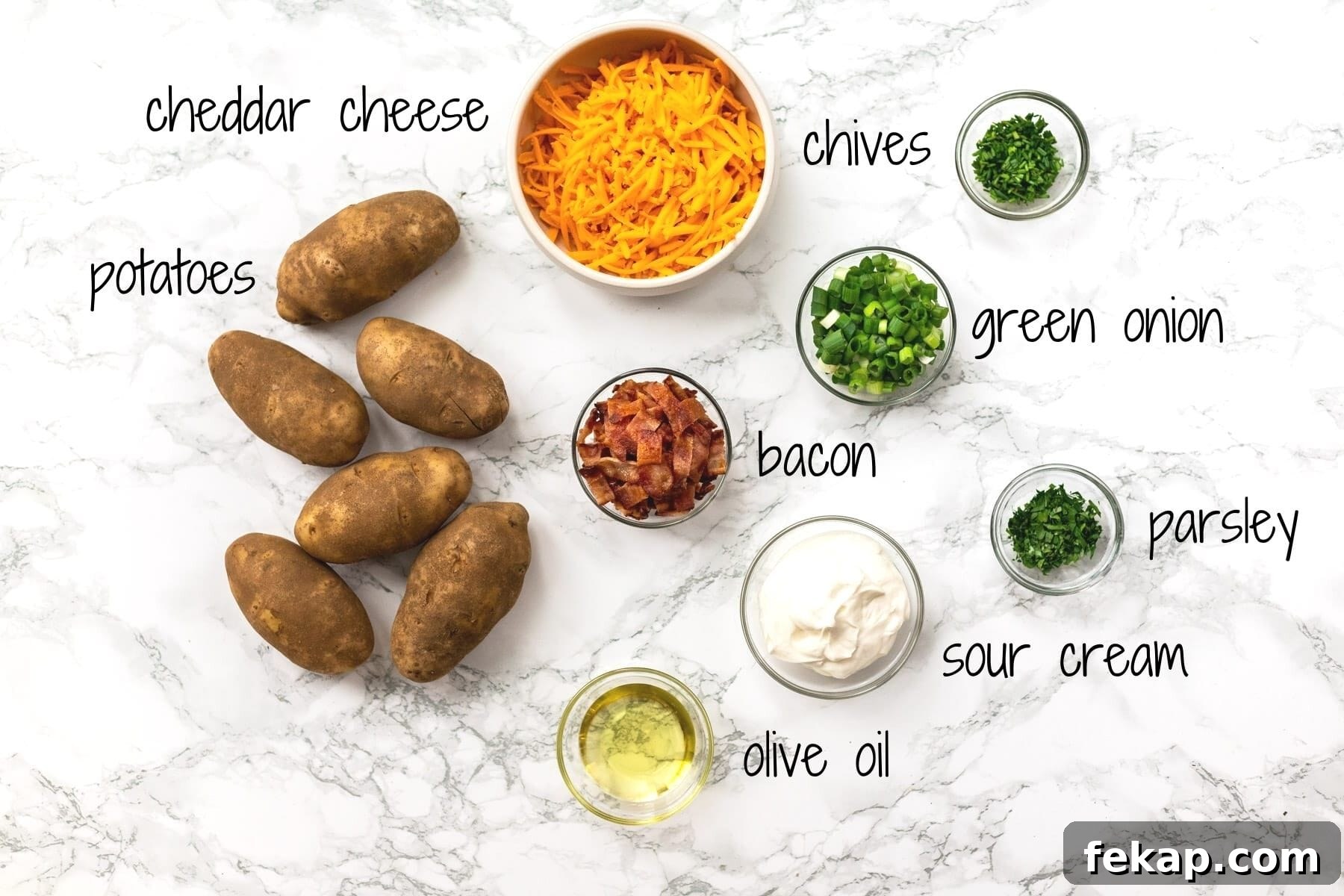 Crispy Potato Skins with Cheddar, Bacon and Green Onions 3 Ingredients for loaded potato skins with text labels.