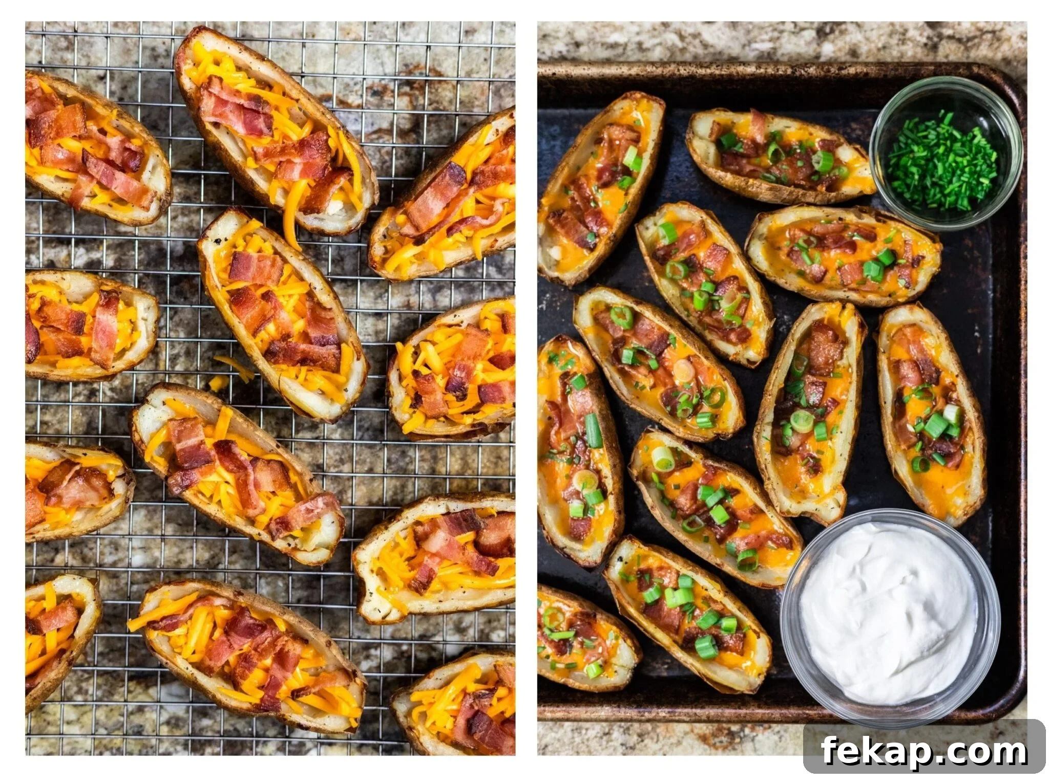Crispy Potato Skins with Cheddar, Bacon and Green Onions 6 Loaded potato skins on a tray served with sour cream.