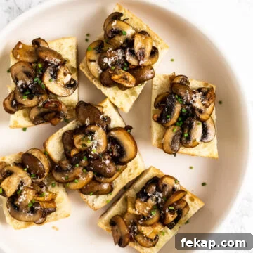 Crispy Potato Skins with Cheddar, Bacon and Green Onions 8 A top down view of a plate of mushroom bruschetta.